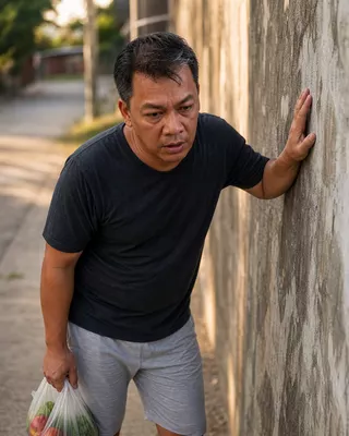 Man leaning against a wall to catch his breath