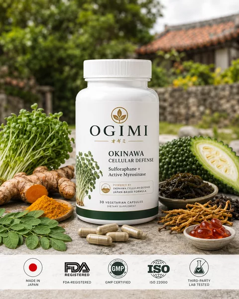 OGIMI bottle surrounded by its seven superfood ingredients