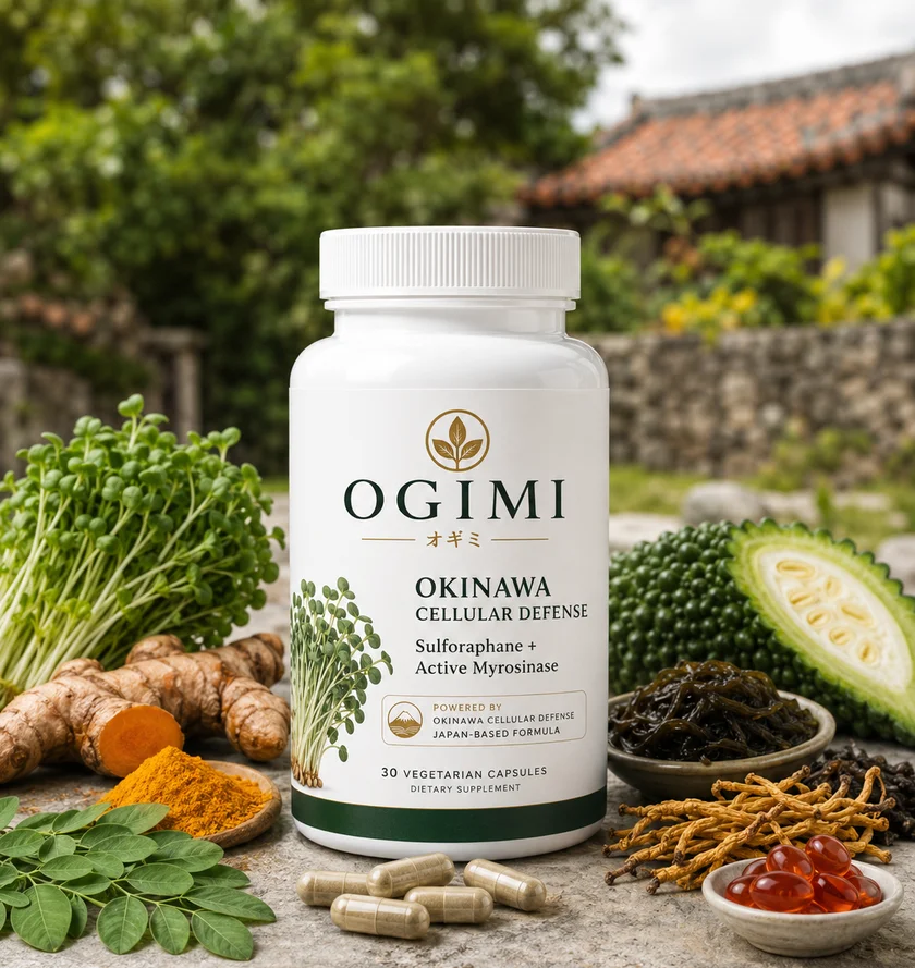 Seven superfood actives that help activate your body's master antioxidant. The OGIMI bottle among broccoli sprouts, turmeric, moringa, mozuku seaweed and bitter melon.