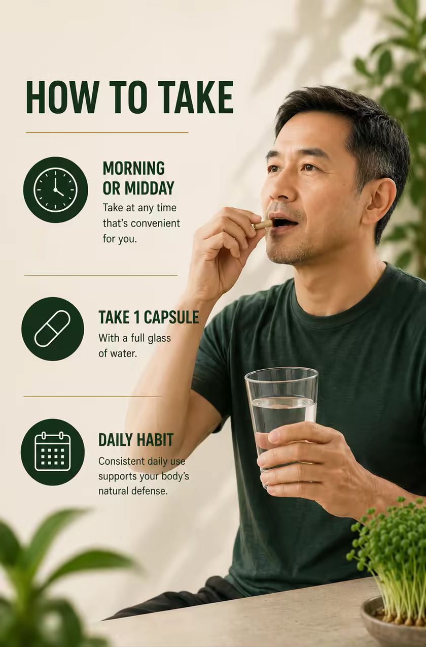 How to take OGIMI: morning or midday, at any time that is convenient for you. Take one capsule with a full glass of water. Make it a daily habit so it consistently supports your body's natural defense.