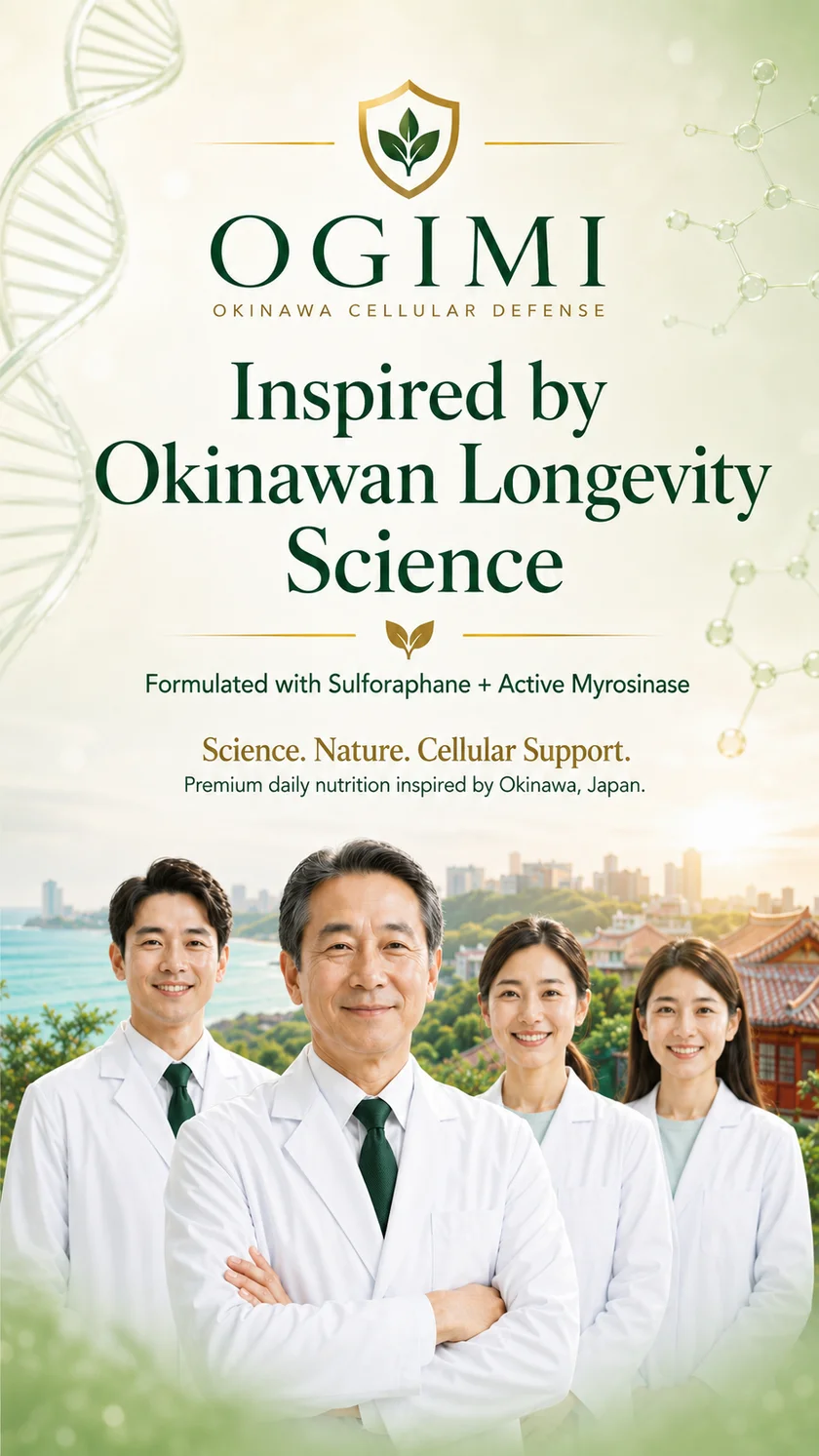 Inspired by Okinawan longevity science. Formulated with sulforaphane and active myrosinase. Science, nature, cellular support: premium daily nutrition inspired by Okinawa, Japan.