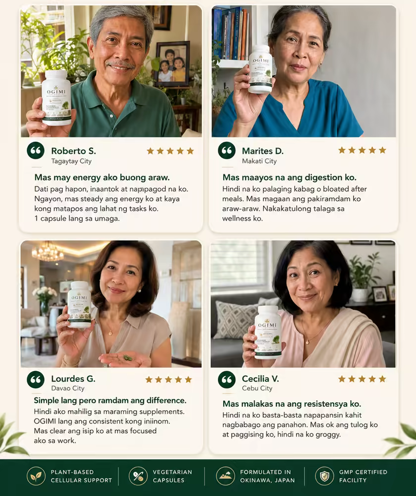 More customer wellness feedback. Roberto S. of Tagaytay City: mas may energy ako buong araw. Marites D. of Makati City: mas maayos na ang digestion ko. Lourdes G. of Davao City: simple lang pero ramdam ang difference. Cecilia V. of Cebu City: mas malakas na ang resistensya ko.
