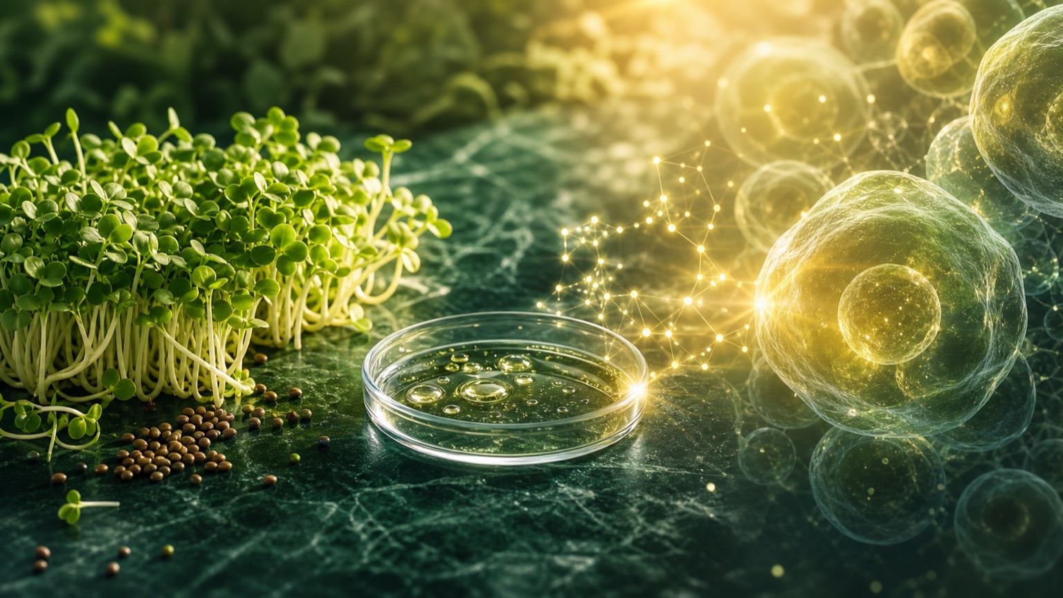 Broccoli sprouts and botanical extract meeting a golden cellular defense visualization
