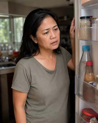 Woman pausing by the refrigerator