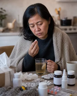 Woman resting with medicine on the table